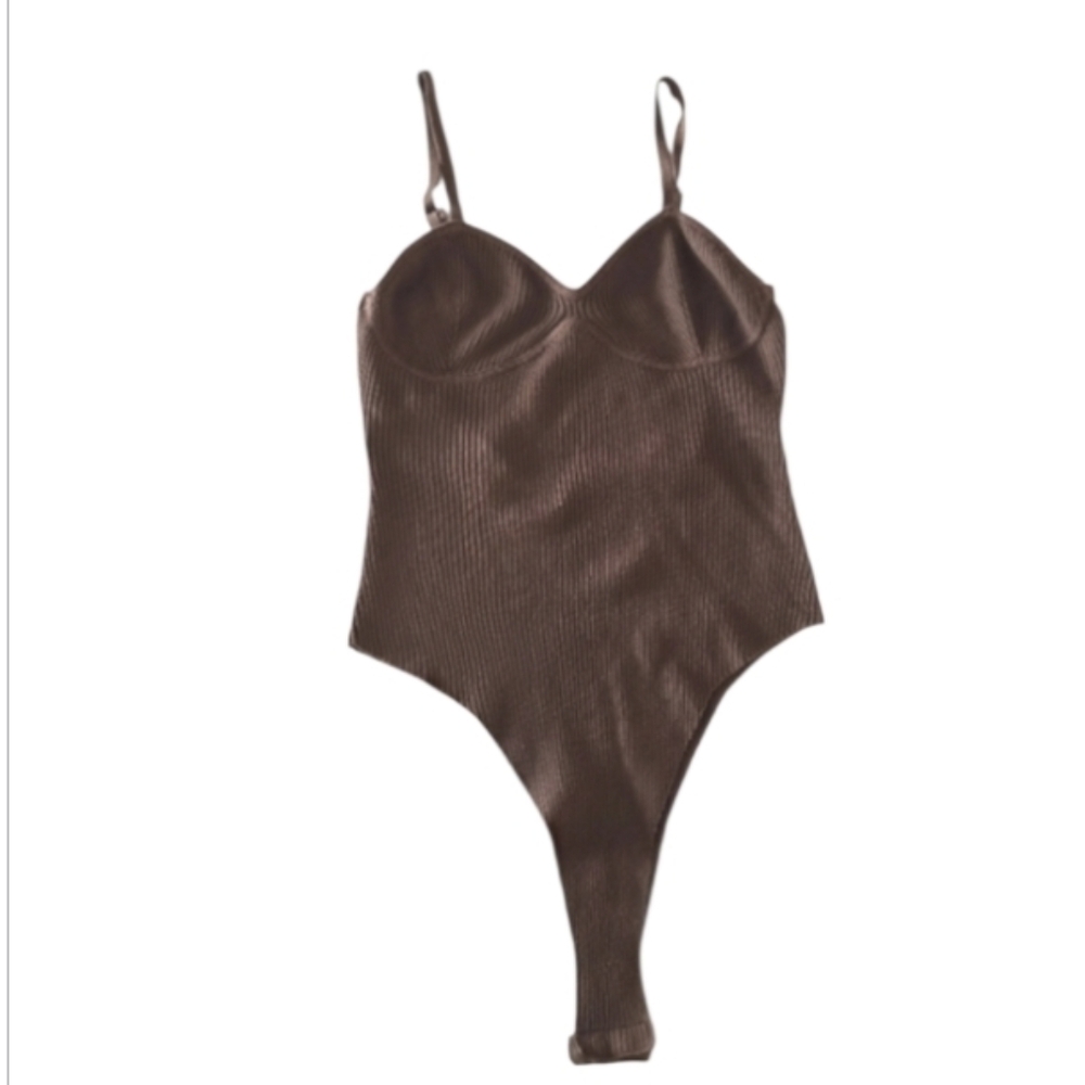 Say What? Large Chocolate Ribbed Bodysuit Essential Wardrobe Tank Top